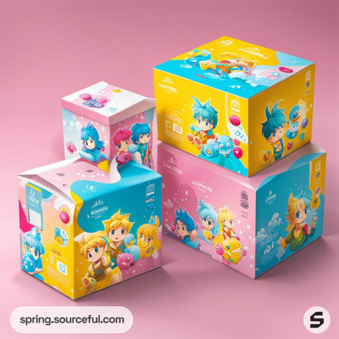 Four stacked boxes with colorful anime characters against a pink backdrop.