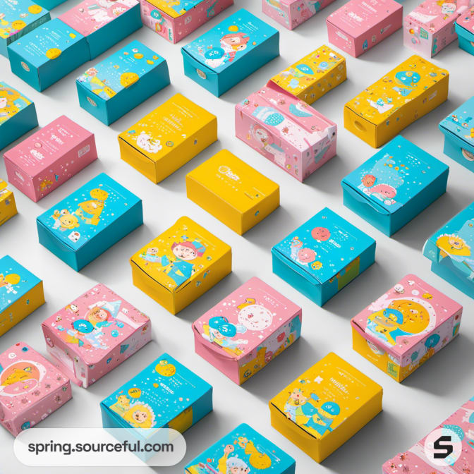 Grid of small boxes in pink, blue, and yellow with anime character designs.