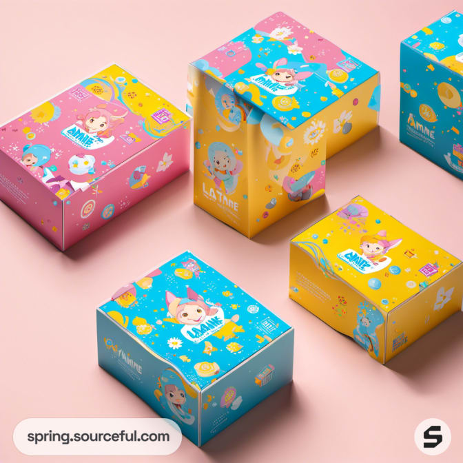 Various colorful boxes in yellow, pink, and blue with anime designs on a pink surface.