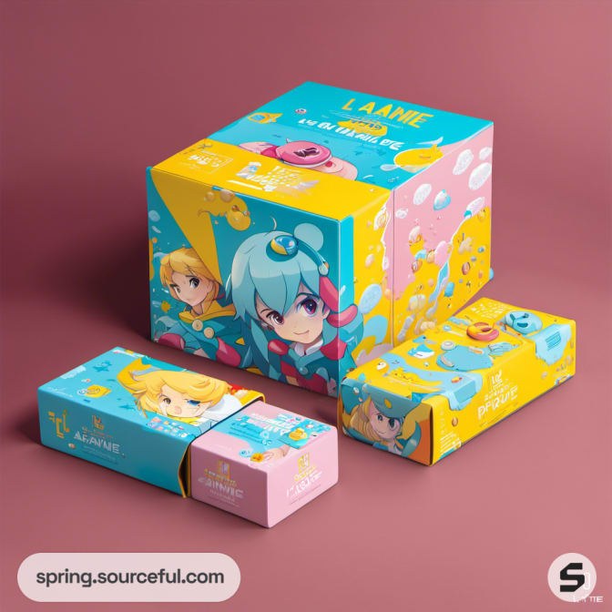 Collection of anime-themed boxes in blue, yellow, and pink on a maroon background.
