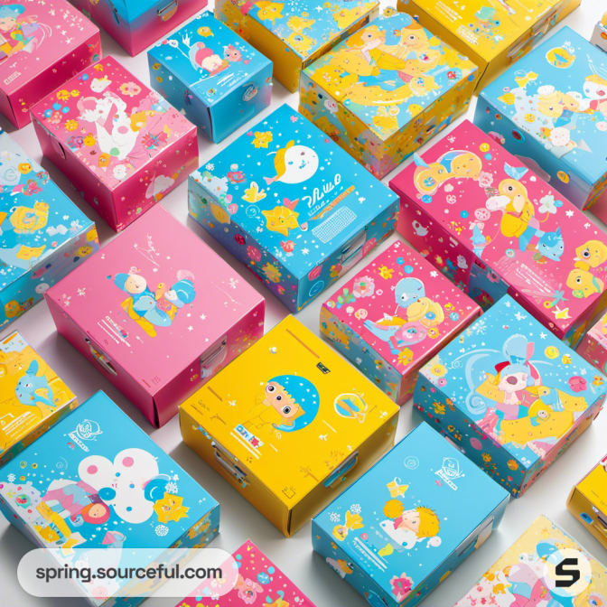 Array of colorful boxes in pink, blue, and yellow displaying anime characters.