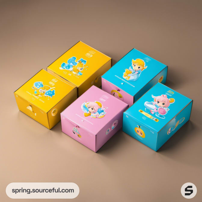 Four boxes in pink, blue, and yellow with anime characters on a beige background.