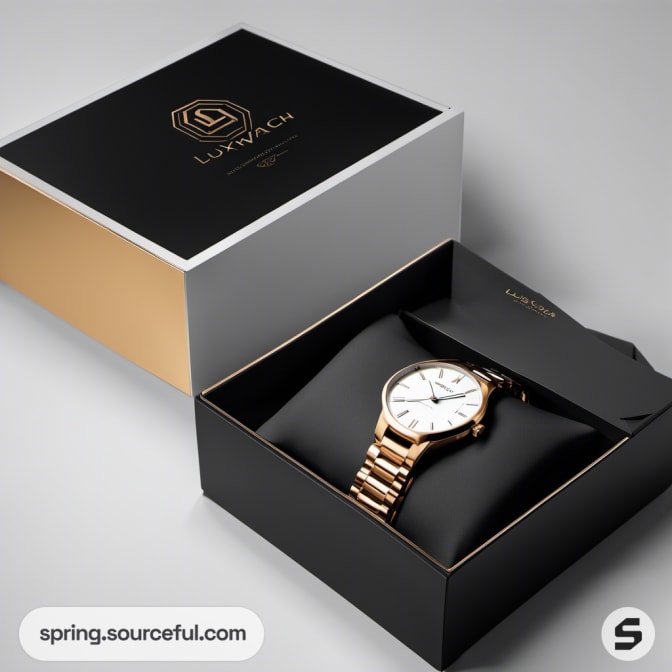 Gold and white watch in black and gold box on grey background.