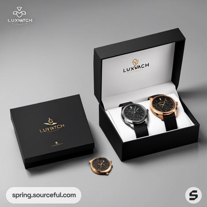Two watches in black and white box with extra watch face on grey surface.