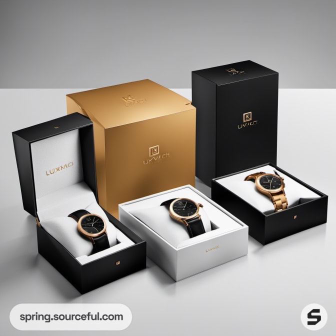 Three watches in black, white, and gold boxes on a grey table.