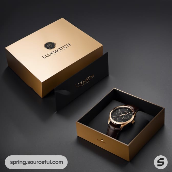 Black watch with leather strap in an open gold box on a dark surface.