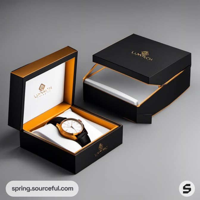 White watch with black strap in an open black and gold box on grey background.