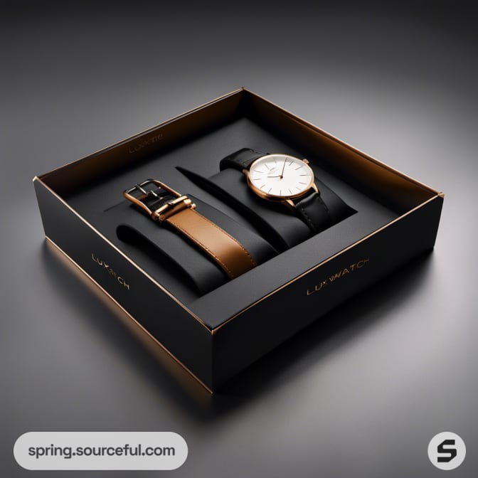 Watch with black and brown straps in open black box on dark surface.