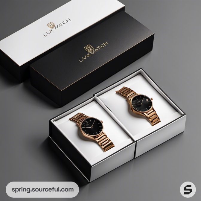 Two gold watches in black and white packaging on a grey surface.