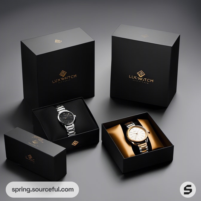 Two watches in black boxes with outer packaging on a dark surface.
