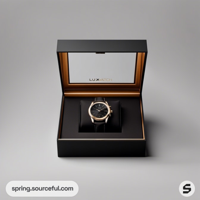 Black watch in open black and gold box on a grey background.