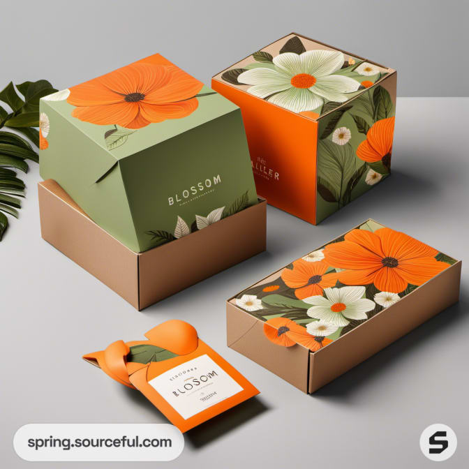 Floral-themed mailer boxes with orange and white flowers on a green and orange background.