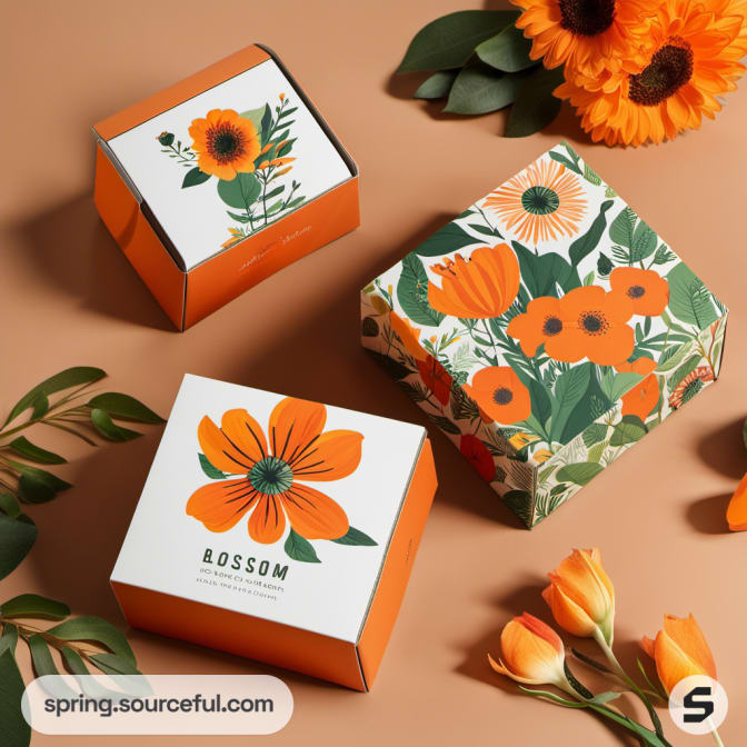 Orange and white floral mailer boxes with sunflowers and tulips on a tan surface.