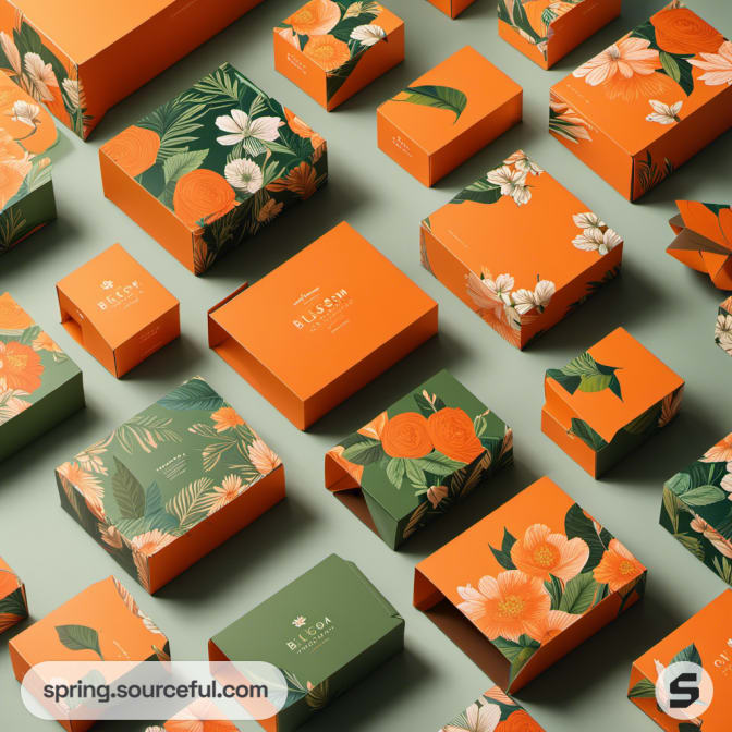 Collection of vibrant orange and green floral mailer boxes arranged in a grid.