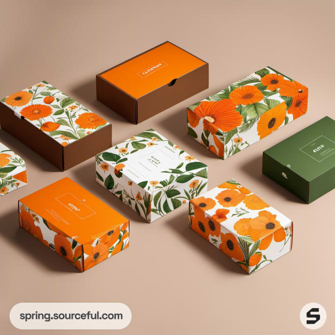 Assorted floral mailer boxes with orange flowers and green leaves on a beige background.