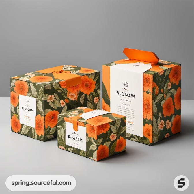Three floral print boxes with large orange flowers on a dark green leafy background.