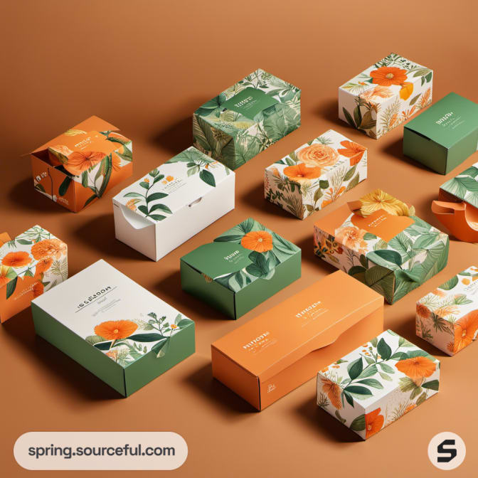 Various floral mailer boxes with orange flowers and green leaves on a tan background.