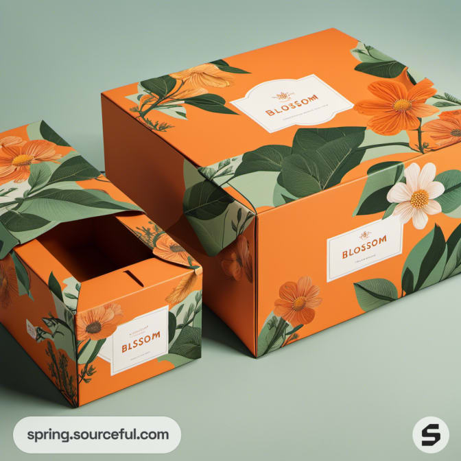Close-up of orange and green floral mailer boxes with large blossoms.