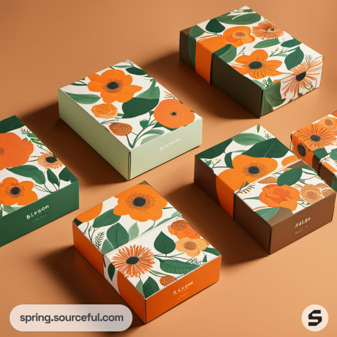 Stacked orange and green floral mailer boxes featuring large flower patterns.