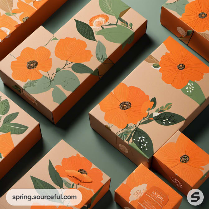 Orange flower-themed mailer boxes with green leaves on a sage background.