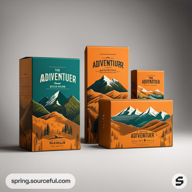 Mountain-themed packaging boxes with teal and orange designs.