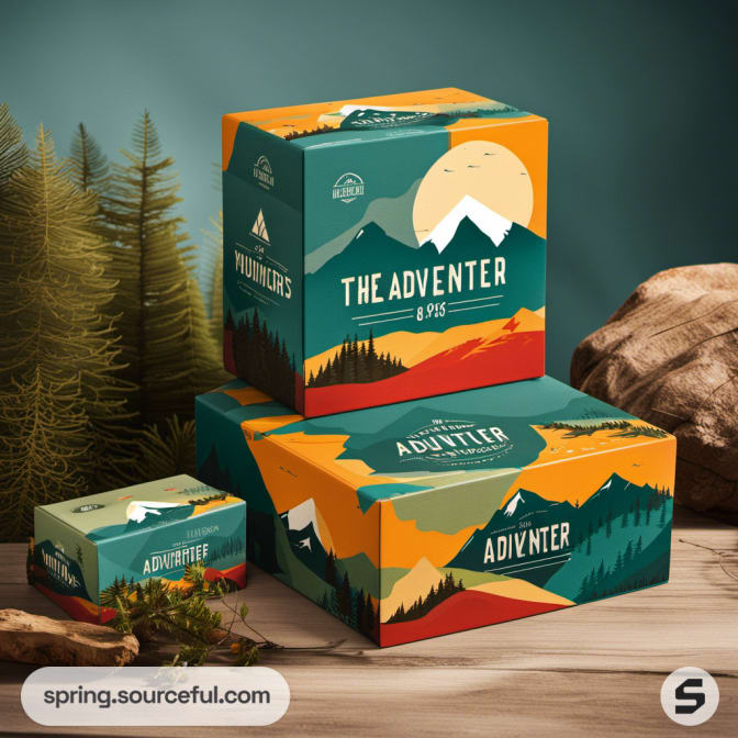 Boxes with sunset mountain design and outdoor theme.