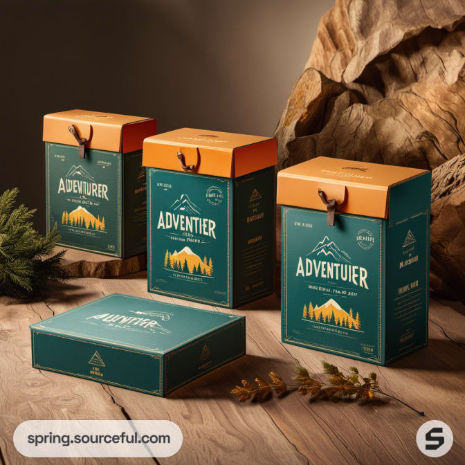Adventure-themed boxes with mountain illustrations and rustic style.