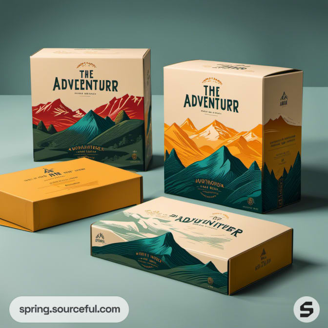 Box designs with mountains in red, teal, and orange motifs.