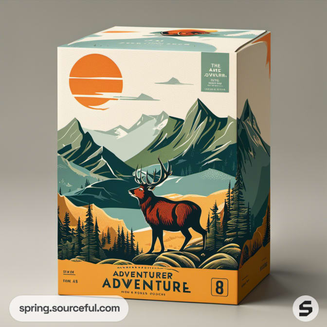Box with deer illustration against mountain backdrop.