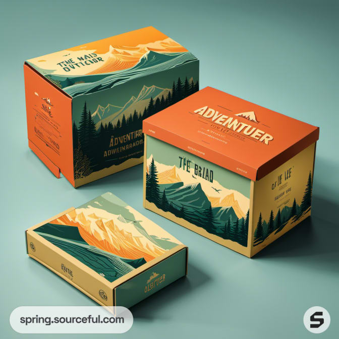 Adventure boxes with mountain illustrations and teal accents.