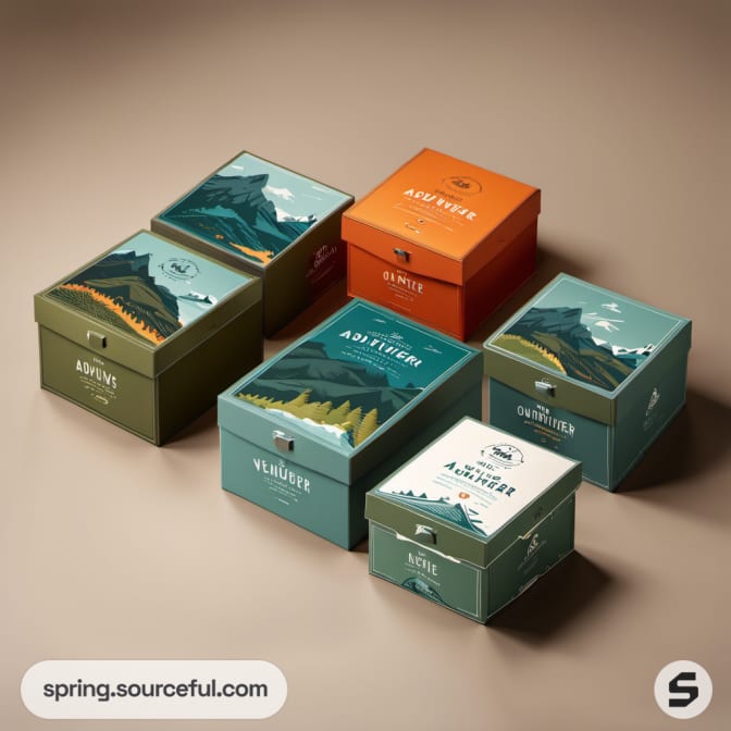 Various square boxes with scenic mountain themes.