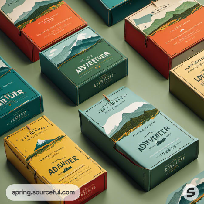 Assorted box designs with teal and orange mountain motifs.