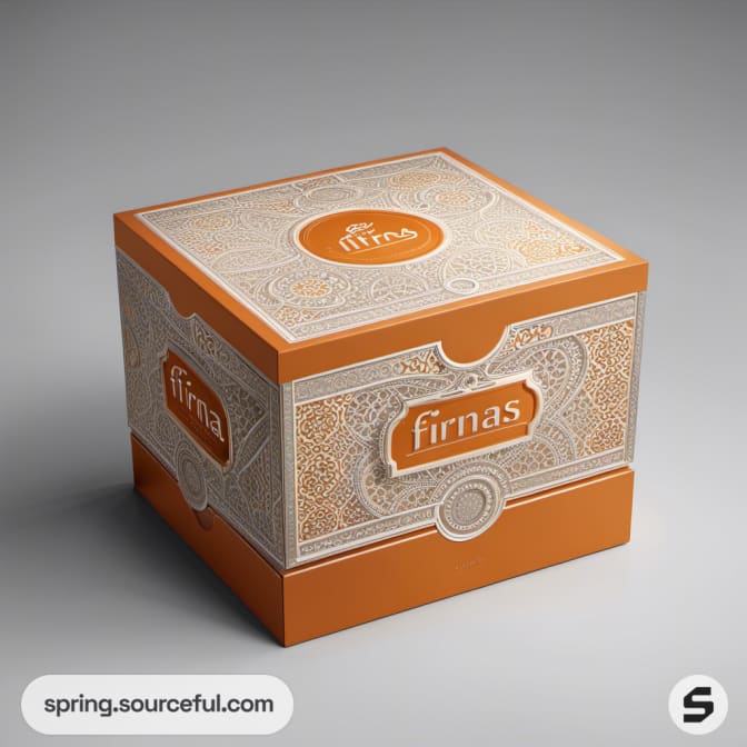 Ornate square box with intricate orange and beige pattern.