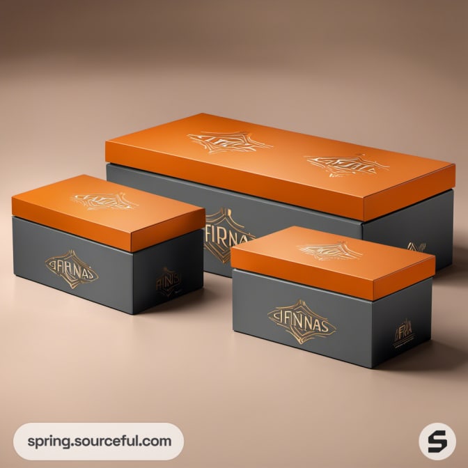 Long gray and orange boxes with elegant design.