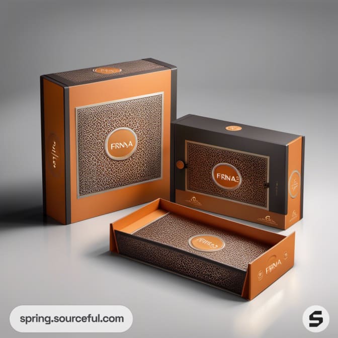 Stylish brown and orange packaging with geometric pattern.