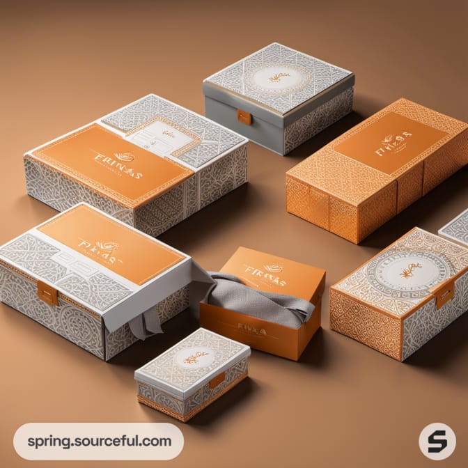 Luxurious gray and orange boxes with ribbon detail.