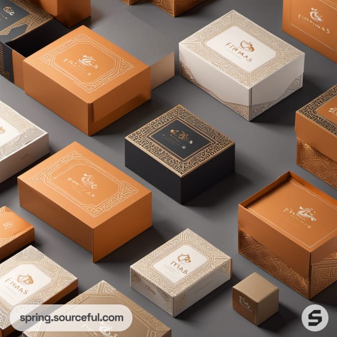 Various orange and beige boxes with intricate designs.