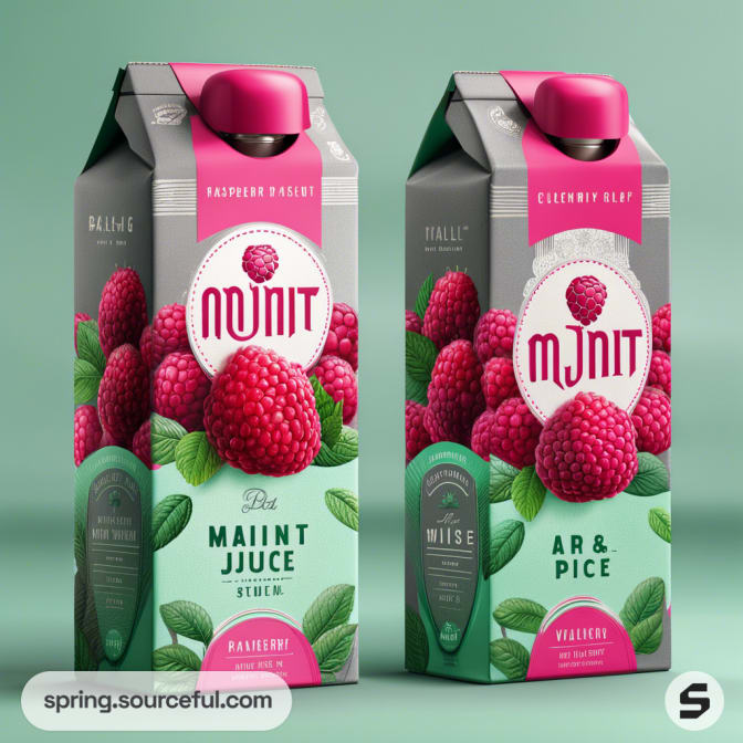 Two cartons of raspberry juice on a green background, with vibrant raspberry images and pink tops.