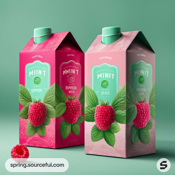 Two raspberry-themed beverage cartons, one in pink and the other in red, with realistic raspberry graphics and green caps.