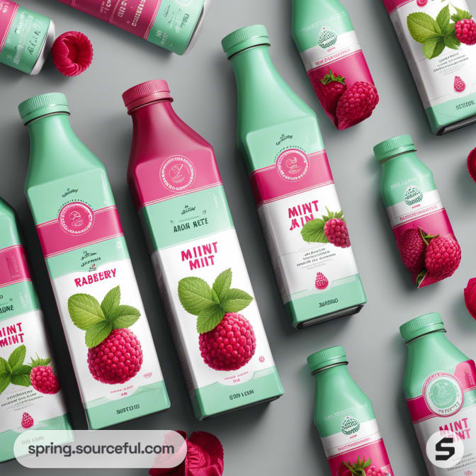 Assorted pink and green beverage bottles and cartons with raspberry and mint designs on a gray background.