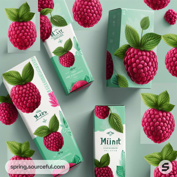 Floating raspberries with several mint-green boxes featuring raspberry designs on a soft green background.