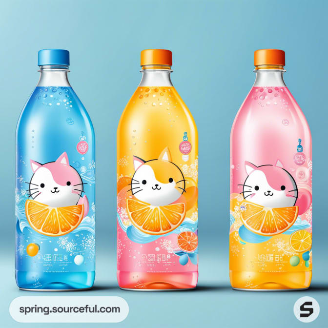Three colorful plastic bottles with cute cat graphics, featuring blue, yellow, and pink flavors against a blue background.
