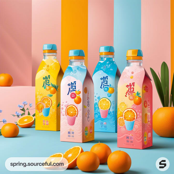 Colorful juice cartons with orange decorations and matching caps on a striped pastel background.