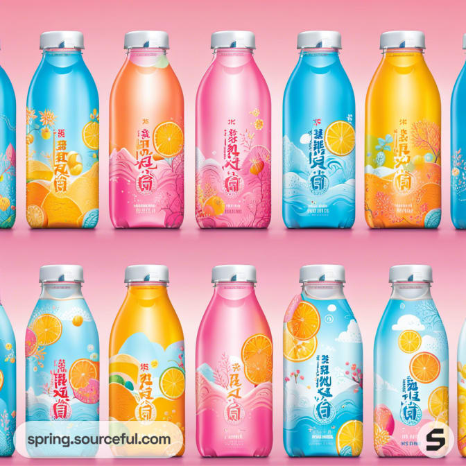 Colorful beverage bottles with fruit designs on a pink gradient background.