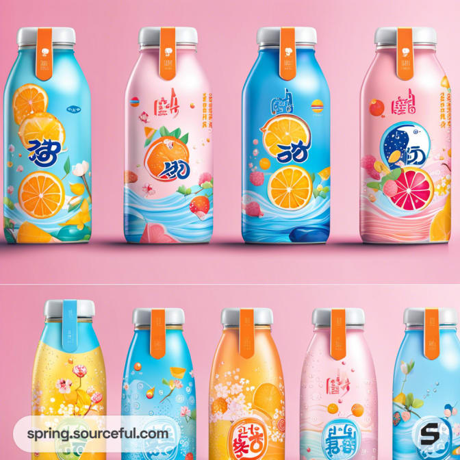 Colorful juice bottles with fruit illustrations and pastel backgrounds.