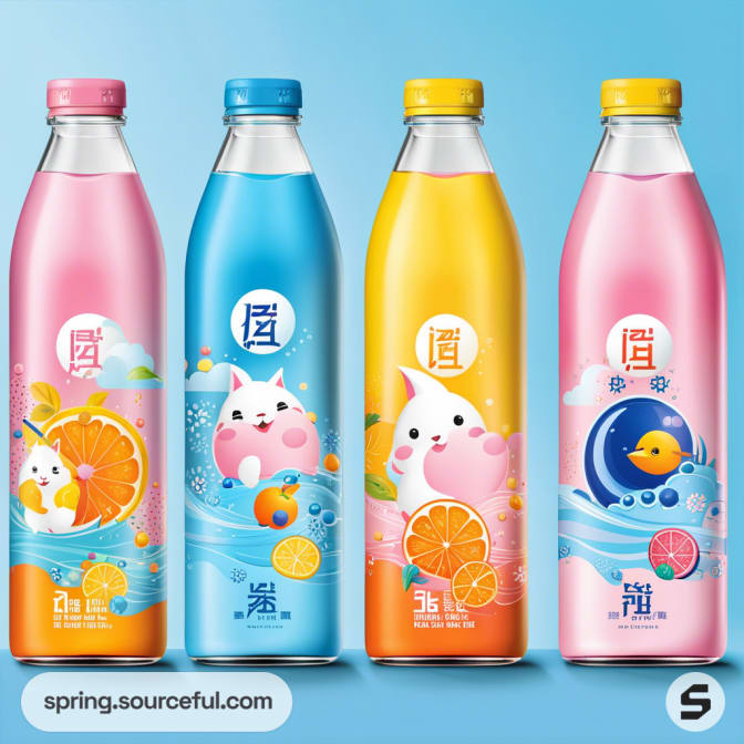 Four bottles with colorful labels featuring playful cartoon animals and fruits against a blue background.