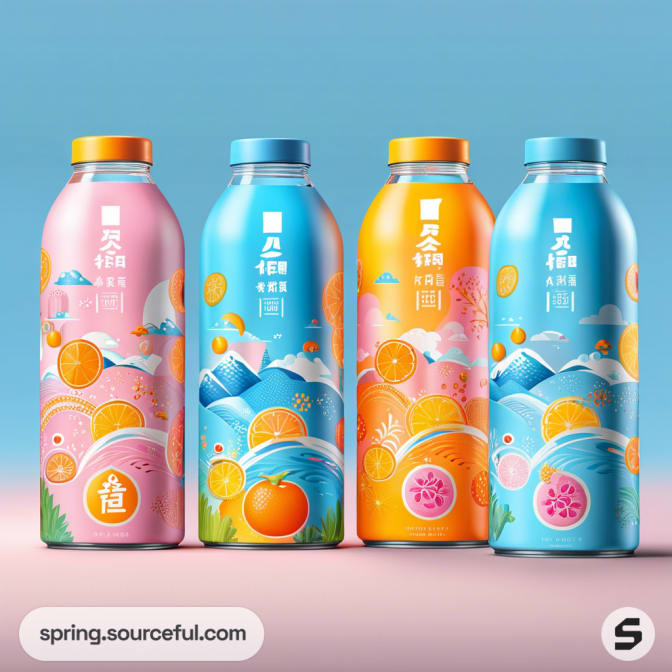 Colorful illustrated drink bottles with fruit designs against a blue background.