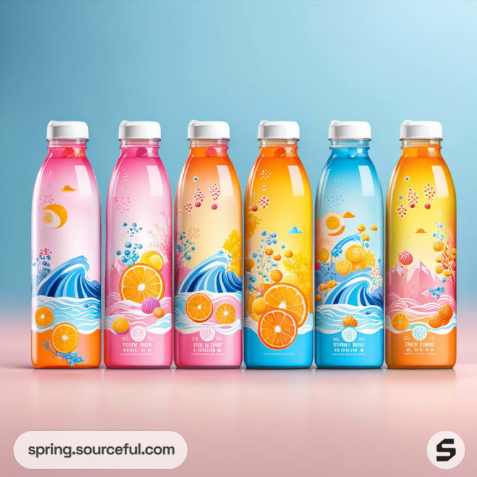 Colorful drink bottles with fruity designs, featuring waves, oranges, and berries on gradient backgrounds.