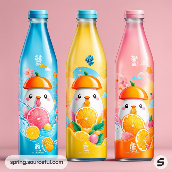 Three colorful beverage bottles with penguin illustrations and fruit designs on a pink background.