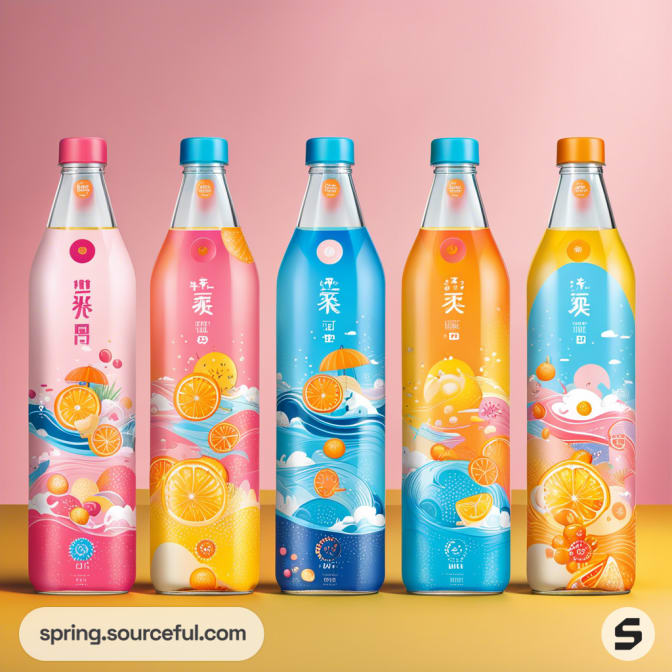 Assorted orange-themed beverage bottles with vibrant designs against a pink and yellow background.